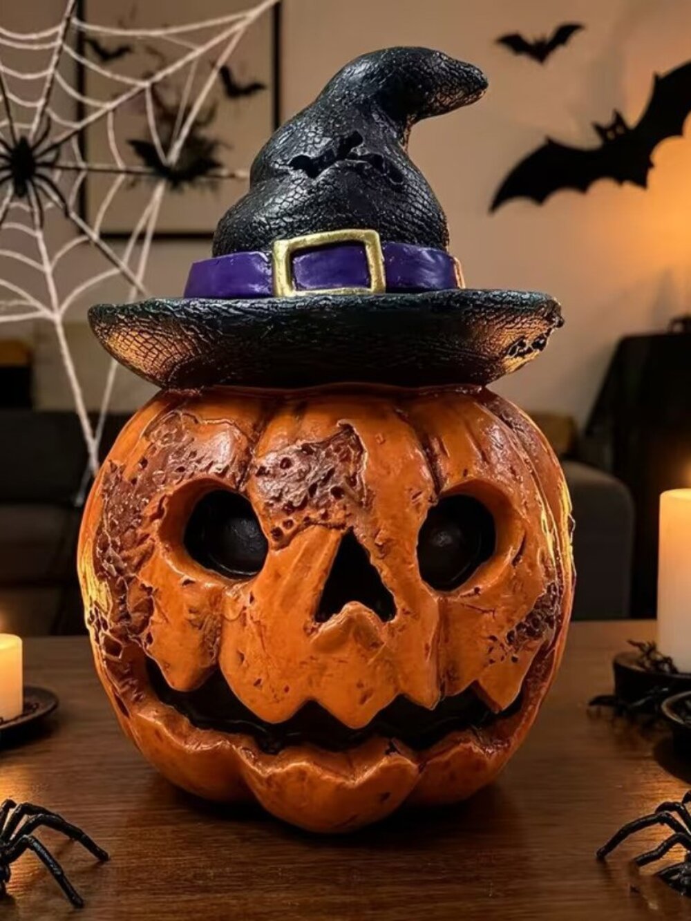 Halloween Gothic Witch Hat wearing Resin Pumpkin Figure 3.1" x 2.3"